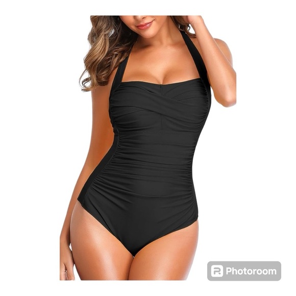 Halter One Piece Ruching Tummy Control Retro Bathing Suit, Black, Women Size XL - Picture 1 of 14